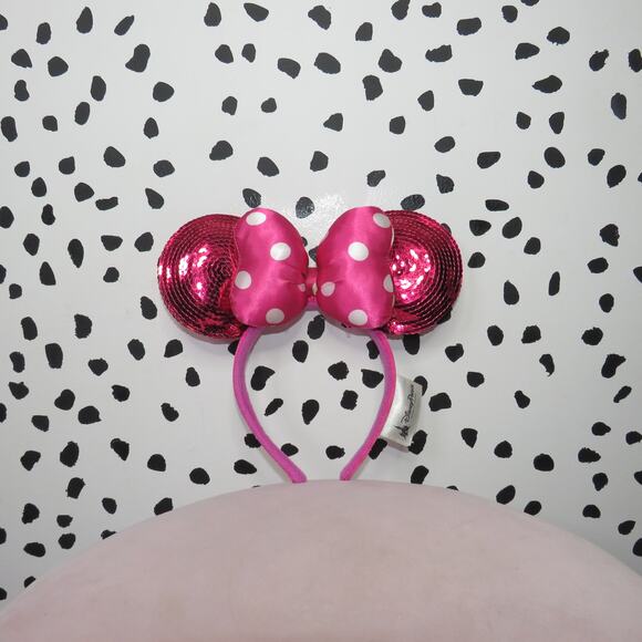 Disney Parks Hot Pink Sequin Polka Dot Bow Minnie Mouse Ears Headband - Picture 1 of 3